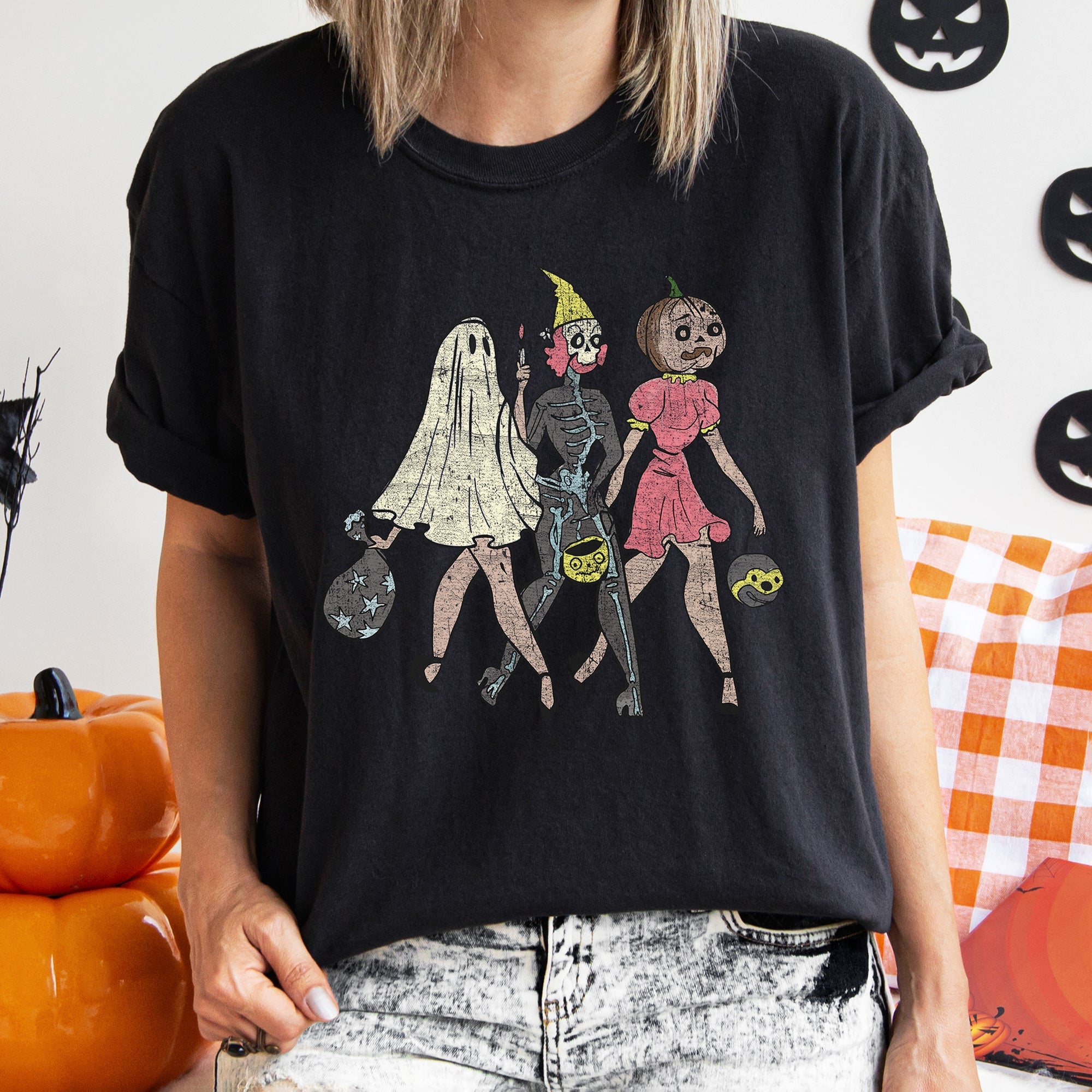 Trick Or Treating Ladies Funny Vintage Halloween Themed Graphic Comfort Colors Tee