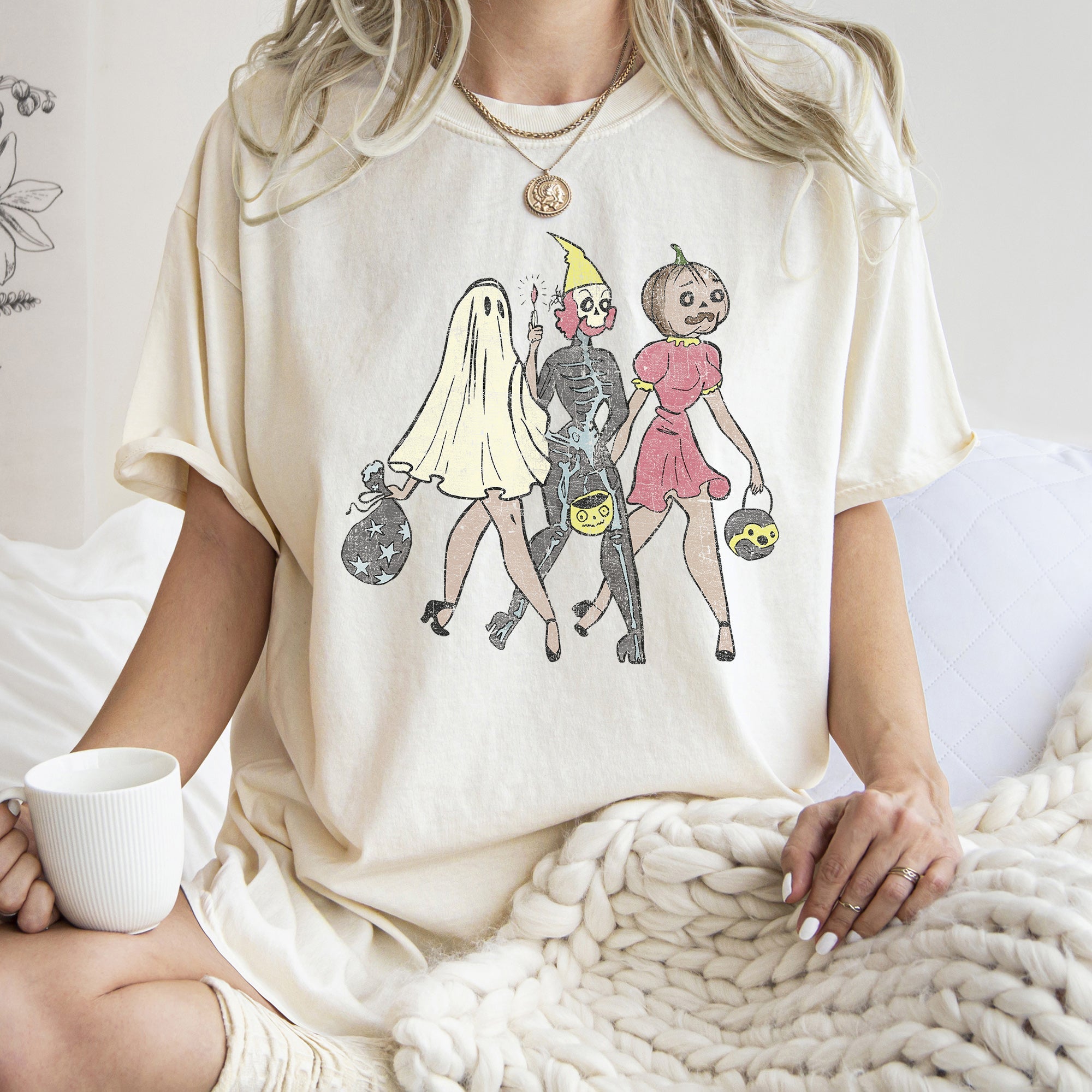 Trick Or Treating Ladies Funny Vintage Halloween Themed Graphic Comfort Colors Tee