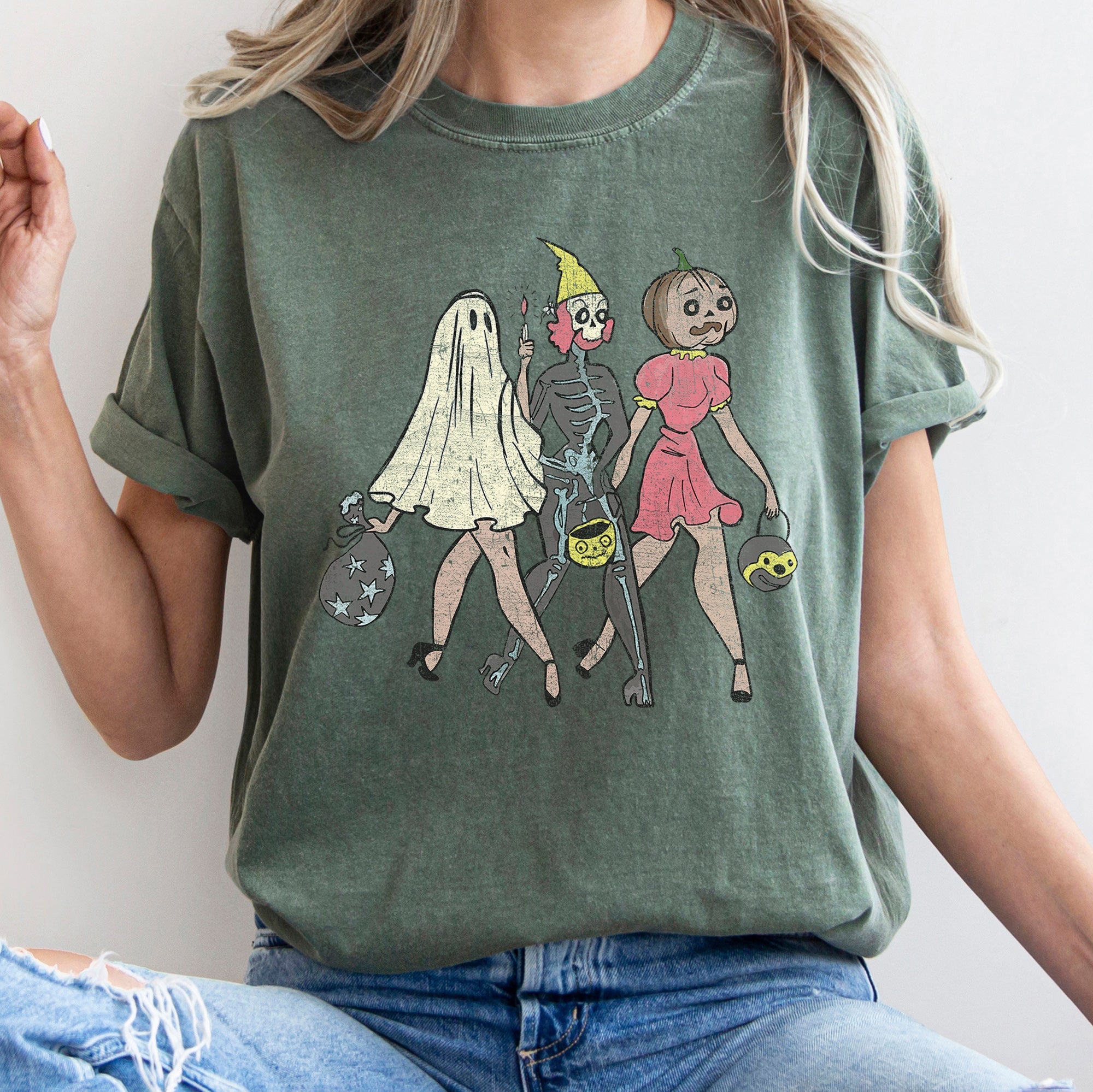 Trick Or Treating Ladies Funny Vintage Halloween Themed Graphic Comfort Colors Tee