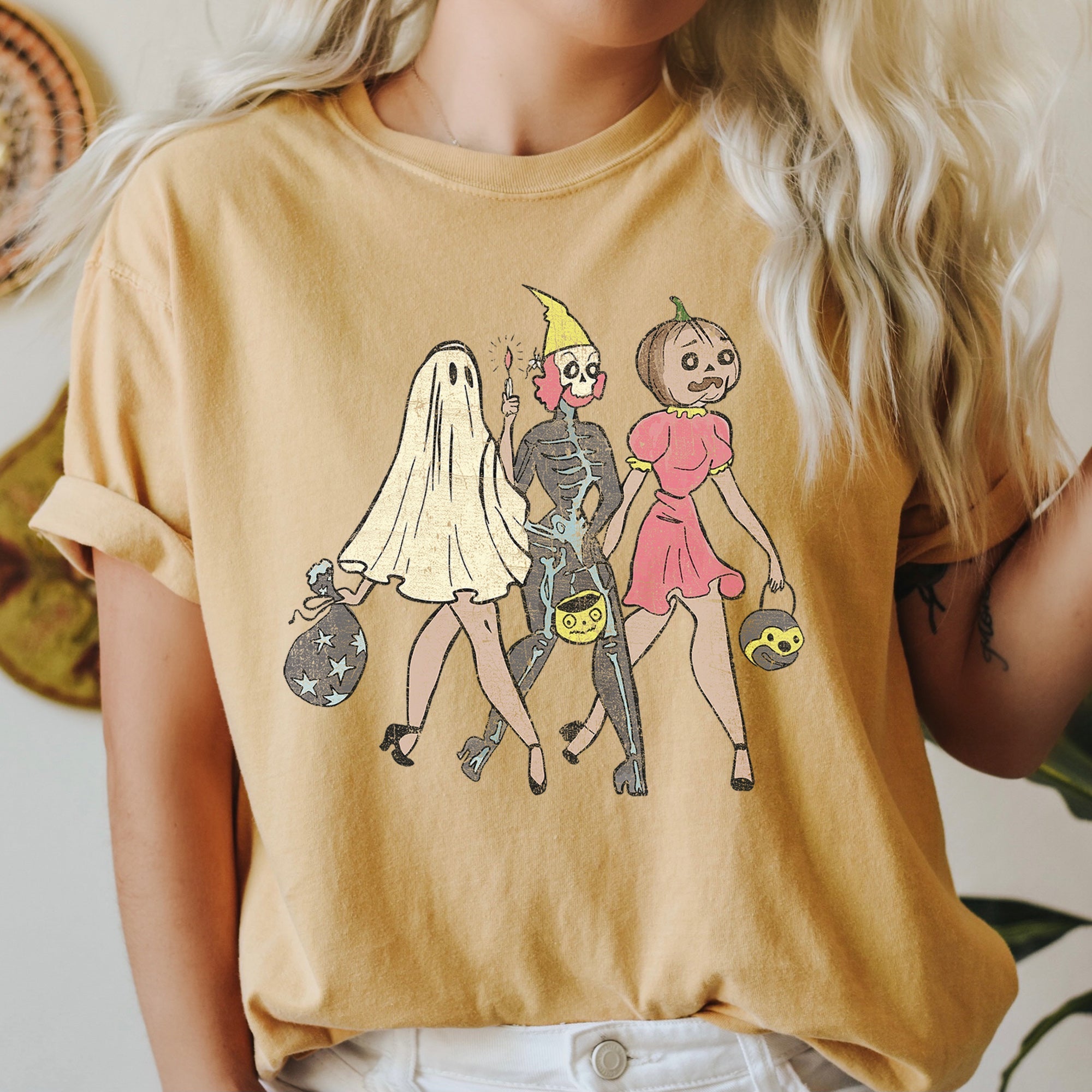 Trick Or Treating Ladies Funny Vintage Halloween Themed Graphic Comfort Colors Tee