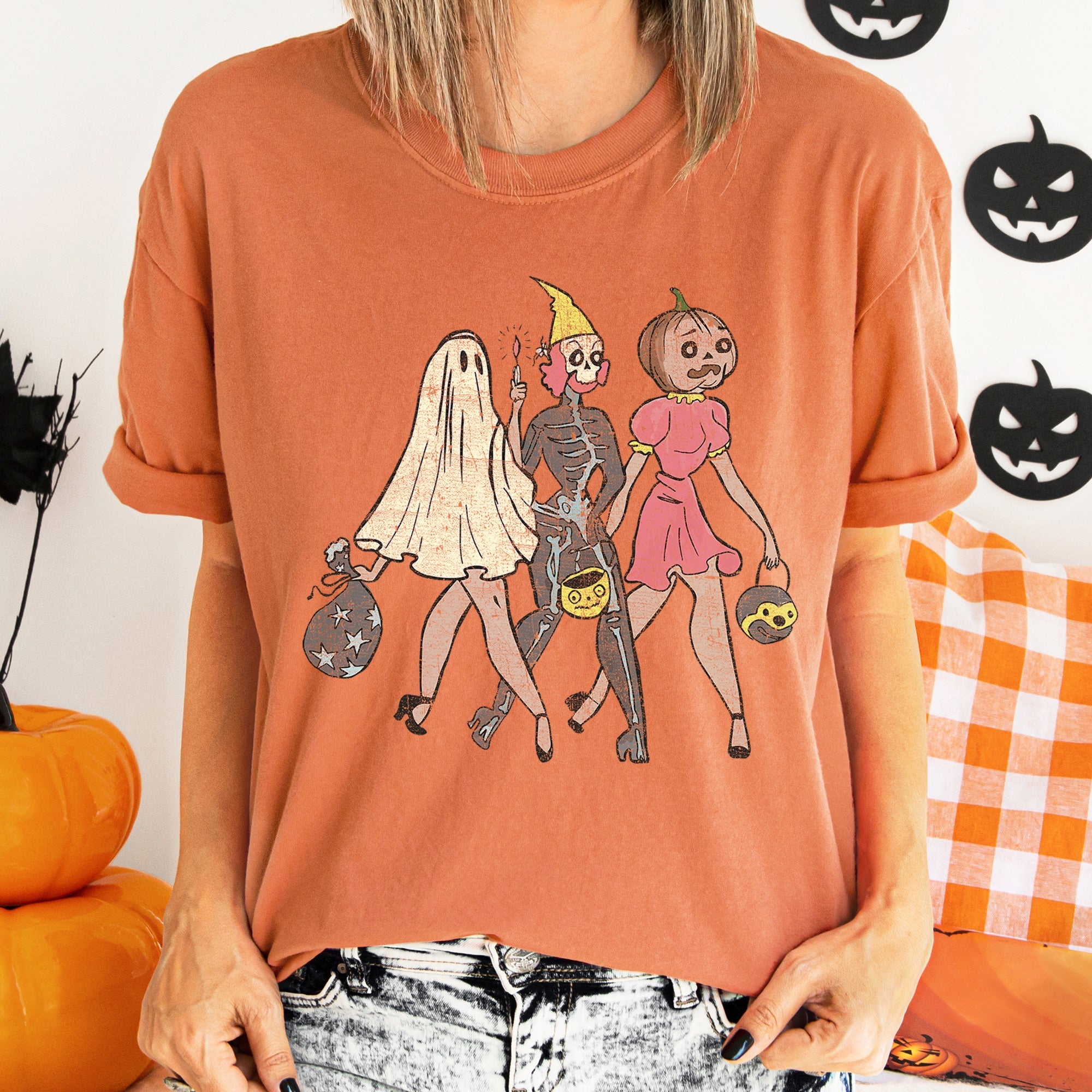 Trick Or Treating Ladies Funny Vintage Halloween Themed Graphic Comfort Colors Tee
