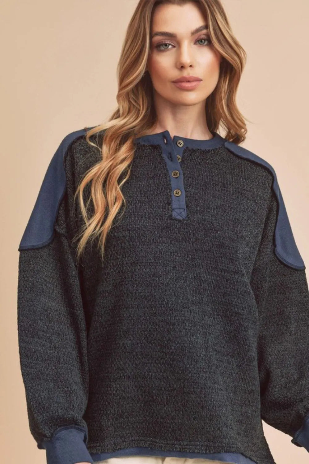 Casual Sweatshirt with Side Slits & Contrast Shoulders