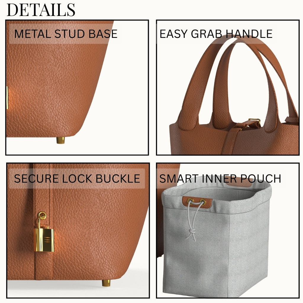 Leather Bucket Bag with Drawstring Pouch – Leather Satchel, Everyday Handbag with Mini Lock Design