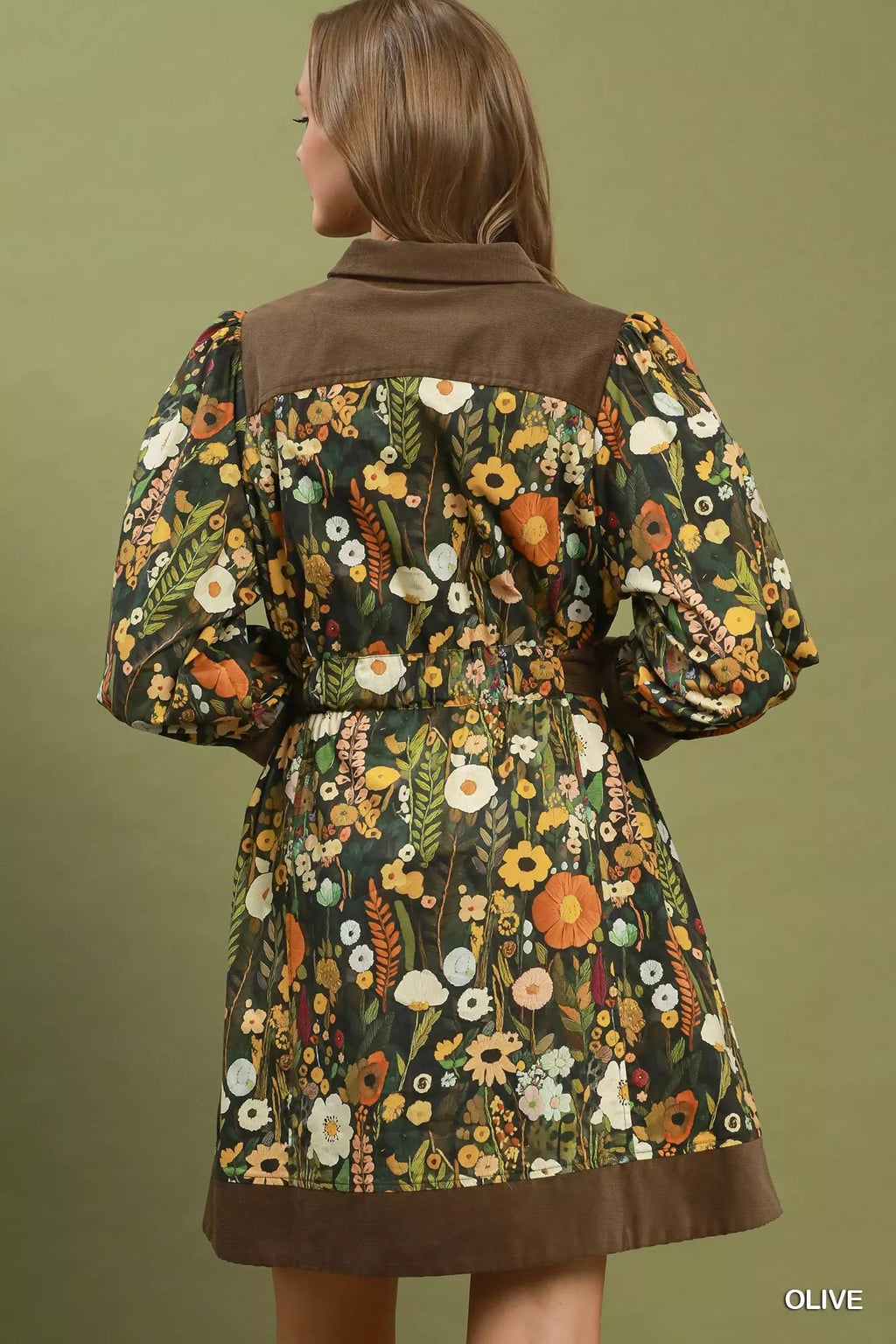 Olive Floral Print Belted Puff Sleeve Mini Dress with Pockets by Umgee
