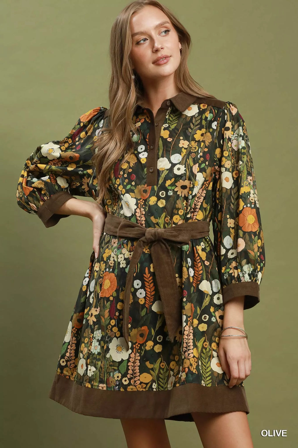 Olive Floral Print Belted Puff Sleeve Mini Dress with Pockets by Umgee