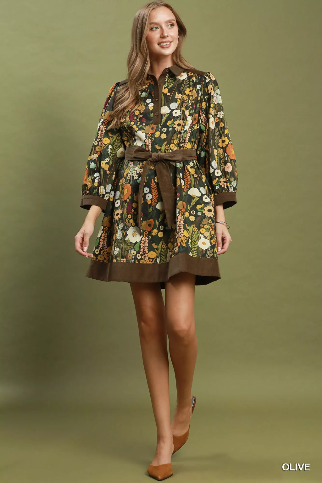 Olive Floral Print Belted Puff Sleeve Mini Dress with Pockets by Umgee