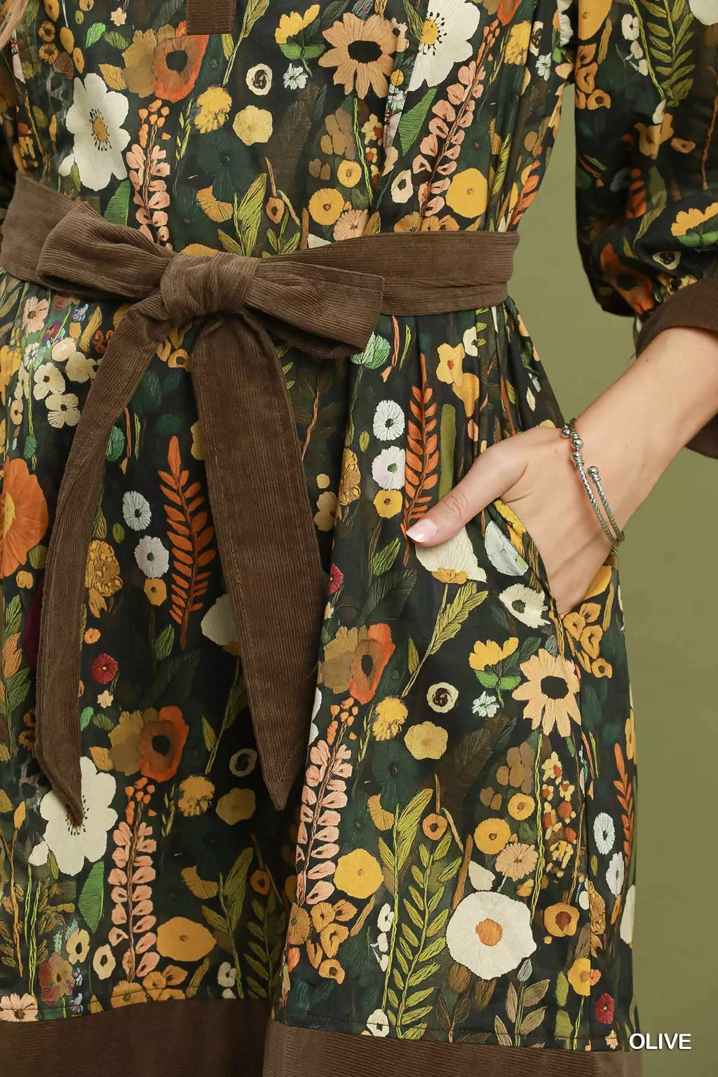 Olive Floral Print Belted Puff Sleeve Mini Dress with Pockets by Umgee