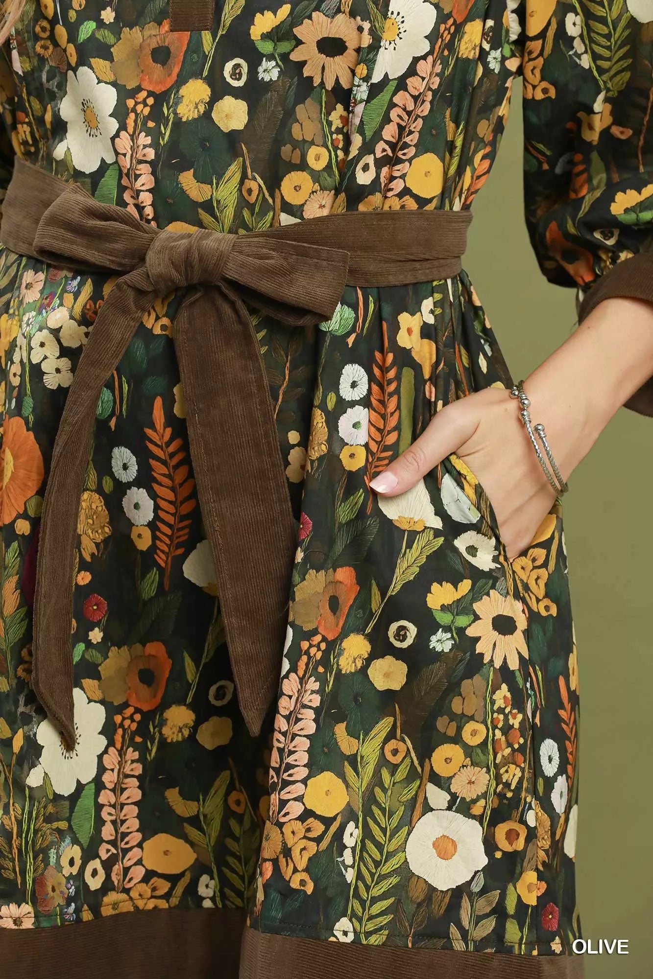 Olive Floral Print Belted Puff Sleeve Mini Dress with Pockets by Umgee
