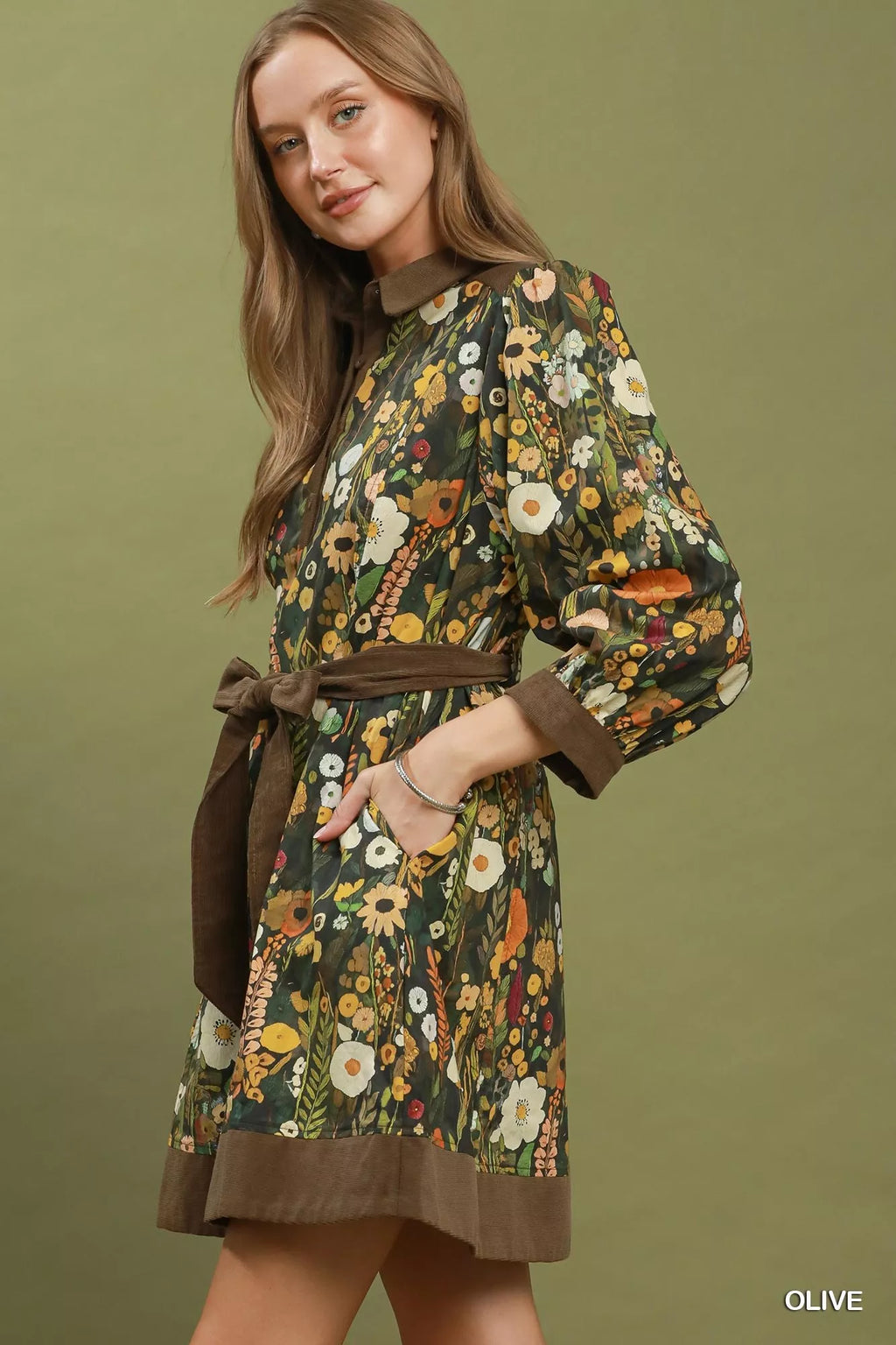 Olive Floral Print Belted Puff Sleeve Mini Dress with Pockets by Umgee