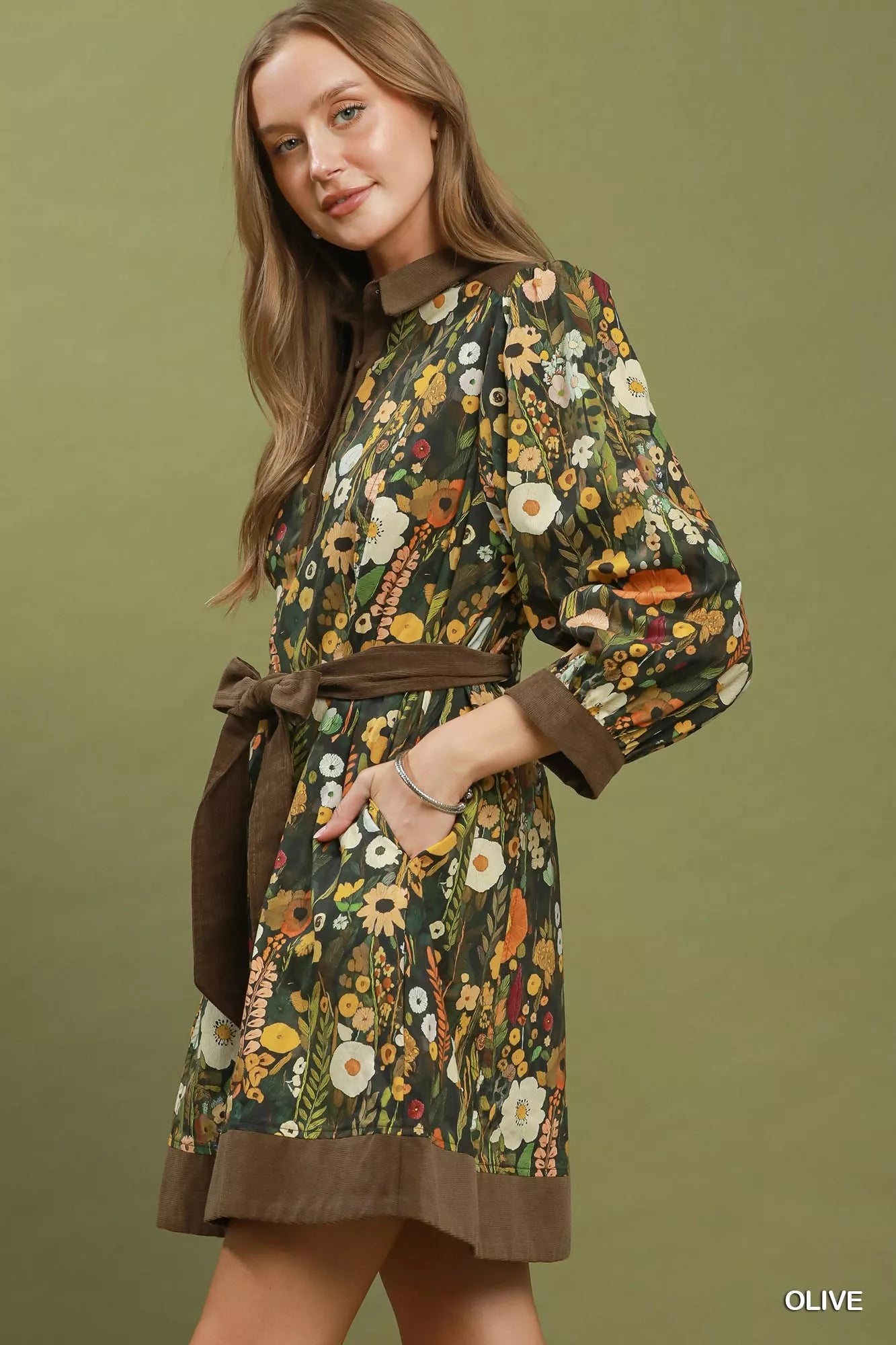 Olive Floral Print Belted Puff Sleeve Mini Dress with Pockets by Umgee