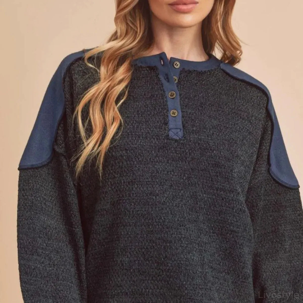 Casual Sweatshirt with Side Slits & Contrast Shoulders