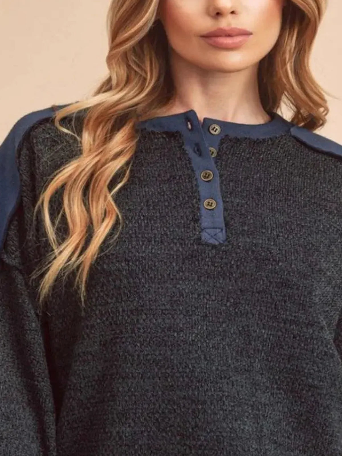 Casual Sweatshirt with Side Slits & Contrast Shoulders